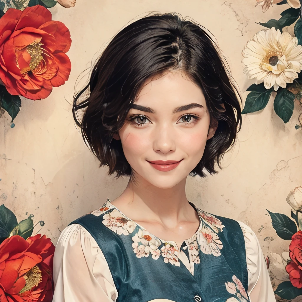 393 ((young woman)),(short hair),(Neat hair),(floral dress),(archaic smile)