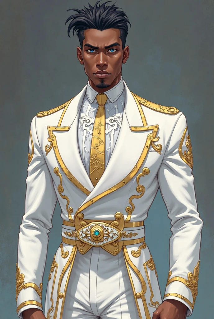 Comic-style art of a black man in his 50s with wavy, long, completely white hair, yellow irises, wearing classic and elegant clothes in white and gold. He uses a white cane decorated with gold and which has a bird skull on the tip, which is also made of gold. This man is a little thin, has wrinkles but not many, wears a lot of gold accessories, He is almost always smiling and is of Italian origin. He is a fashion designer and is based on the creator of Versace.