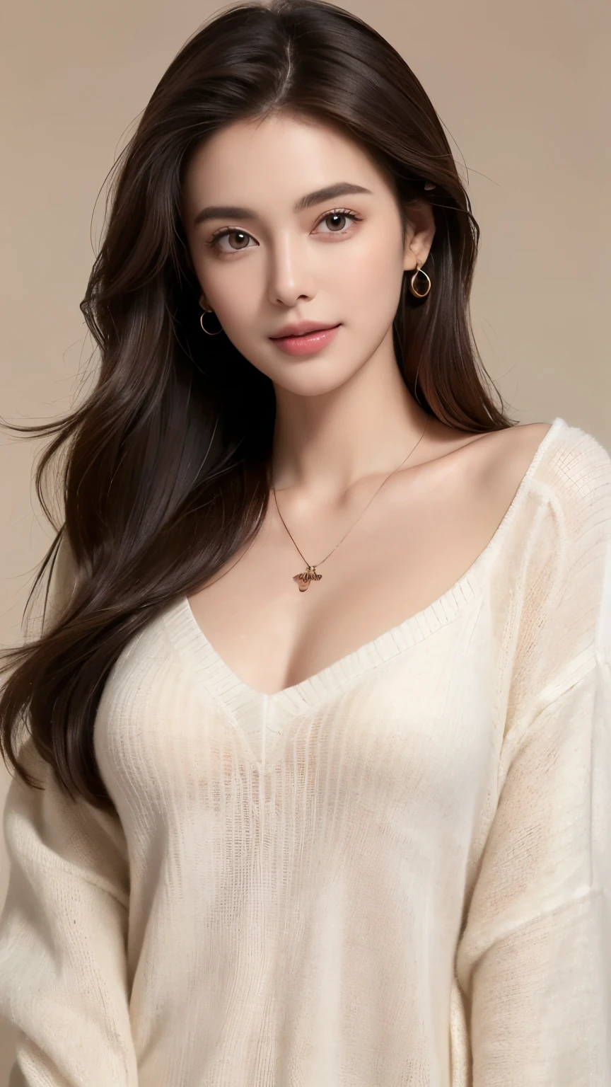 Full body angle、((highest quality、8K、Masterpiece: 1.3))、concentrate: 1.2、Cute Girl 1、Nipple erection、Full body angle、Braless walk、Perfect beauty: 1.4、Striped drop shoulder sweater: 1.2、Long sleeve、Randall Color、Comics&Text Graphics、Black ruffle trim drawstring zip blouse、1.1、Highly detailed face and skin textures、fine grain、double eyelid、Whitening skin、highest quality、Ultra-high resolution、you、One girl、one person、_Shiny skin、Iris、necklace、 ((Brown_length_Wavy_hair)),(lips))、eyelash、bangs、process、Correction、Shine、pores、Skin type、Big Breasts、smile、lively、