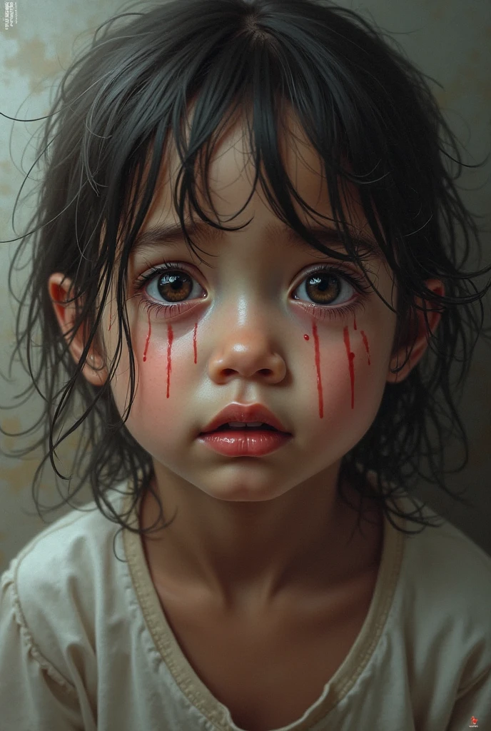 An Indian girl who is crying, her tears are flowing down her cheeks, her hair is open, there are drops in her ears, her lips are hurt and a little blood is also coming out from it.