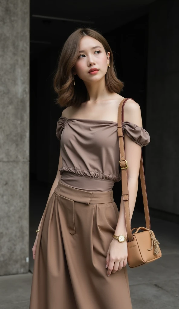 ((Full body)), ((Random shooting angle)), ((Realistic)), 1girll, posed for photo, Outdoor Scene, stand up, Comfortable posture, pretty feet, looking at viewert, Detailed scene, Curly, Air bangs, Beautiful Hair Accessories, brownish-yellow hair, light make-up, Blushlush, Gloss on lips, ((Short wine color dress)), Warm lights, Warm color palette, Detailed details, ultra-detailliert, (tmasterpiece, best qualtiy), (extremely delicate and beautiful work), Delicate earrings, delicate necklaces, Simple blurred background, extreme detail description, Ultra-fine painting, Delicate face, slim toned body, Slimming the waist, (grin, happy grin, Baring teeth), (anatomy correct)