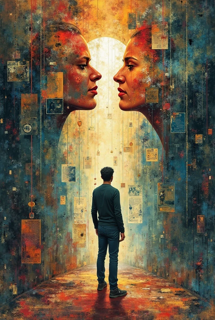 1. **Labyrinth of Minds**
- **Visual:** The cover features a sprawling, intricate maze or labyrinth that has multiple pathways leading to dead ends or various small rooms. Within these paths, there are symbolic elements like scales, shattered masks, or mirrors reflecting different distorted faces. Each pathway symbolizes different ideologies, moral dilemmas, or stages of transformation.
- **Color Scheme:** Deep blues, dark grays, and muted metallics, with glowing lines tracing the labyrinth, giving it a surreal, otherworldly feel.
- **Typography:** The title is placed at the center of the maze, with a slightly distorted font that bends with the labyrinth’s pathways.
### 2. **The Duality of Shadows**
- **Visual:** Two opposing silhouettes stand back to back, merging into one another. One side is painted in vibrant, warm tones representing ideals and justice, while the other fades into shadowy, colder colors symbolizing doubt, transformation, and existential crisis. Between them, abstract lines flow, blending or conflicting with each other, reflecting the nuanced ideologies and moral shifts.
- **Color Scheme:** Warm earth tones on one side and cold blues and grays on the other, with a neutral middle ground where the colors bleed into each other.
- **Typography:** A serif font with fractured or splintered effects, emphasizing tension between ideals and transformation.
### 3. **The Mirror of Infinite Realities**
- **Visual:** A large, intricately framed mirror dominates the cover, but instead of reflecting a clear image, it reveals a kaleidoscope of realities—overlapping cityscapes, fragments of faces, blurred figures, and abstract geometric shapes. This symbol represents the fragmented nature of truth, reality, and ideology.
- **Color Scheme:** Rich blacks, deep purples, and hints of gold, with some glowing, neon accents to emphasize the surreal nature of the reflections.
- **Typography:** A clean, minimalist font that contrasts the chaotic