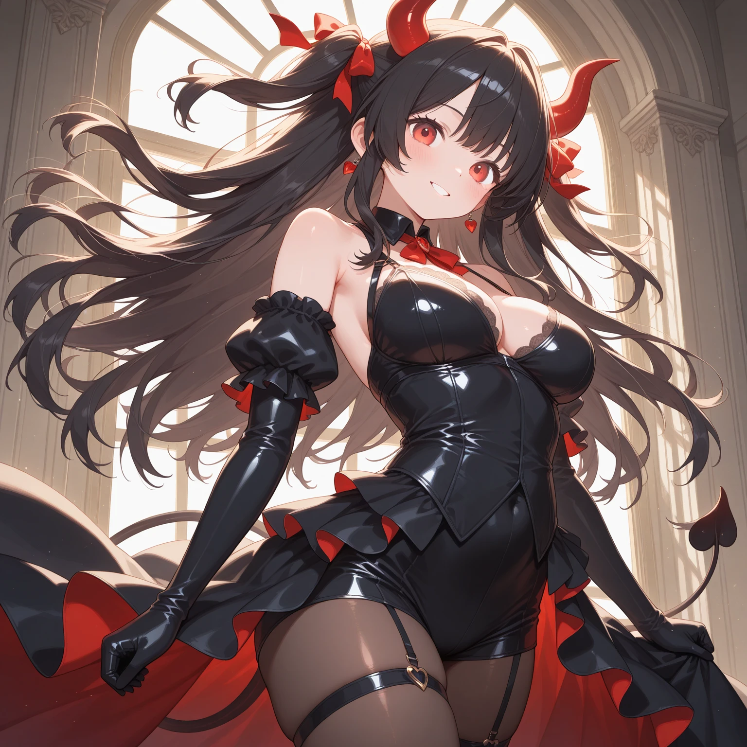 1girl, Demoness, Blue Horns, blue eyes, black hair, plump lips, Seduction Smile, black bodysuit, Blue Wings, big breasts, big hips