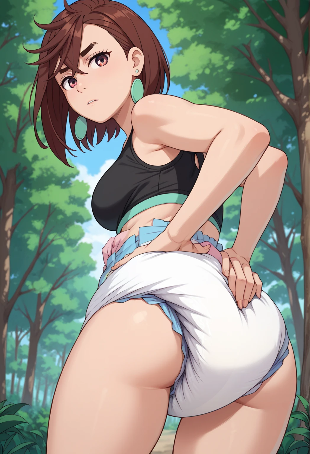 , ((High resolution)),masterpiece, high quality, 最high quality, beautiful, perfect lighting, detailed face, super cute face, ((1 girl)), ((alone), short brown hair, brown eyes, embarrassed look, ((blush)), looking at the viewer, ((Forehead))、:d、wavy mouth、parted bangs、asymmetrical bangs、put your hand on your waist, standing in the city, daytime, (Chubby), (thigh height), (wide hips), ((thick thighs)), light blue panties、huge breasts,、cleavage, perky chest, 24 year old female、(((legs spread)))、Rear view、(fuck from behind)、back