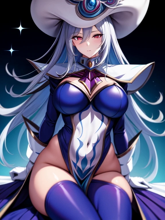 1girl, white hair, purple cape, purple hood, hood up, leotard, long hair, breasts, large breasts, hourglass figure, smile, green eyes, purple leotard, purple robe, robe, thighhighs, purple thighhighs, mature female, cleavage cutout, cleavage, shoulder pads, shoulder spikes, shoulder armor