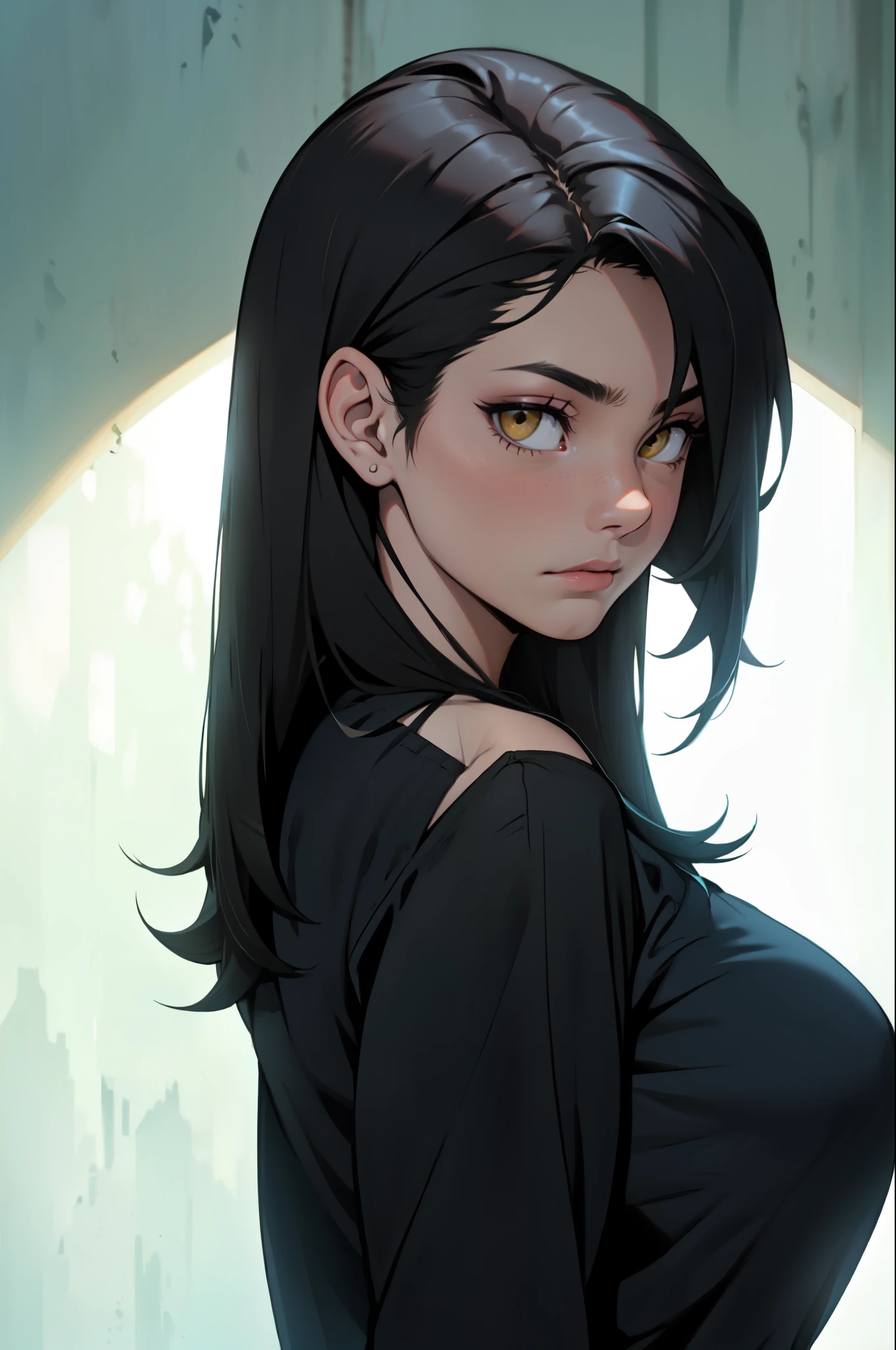 sad angry 1 girl pale skin very long hair black hair yellow eyes