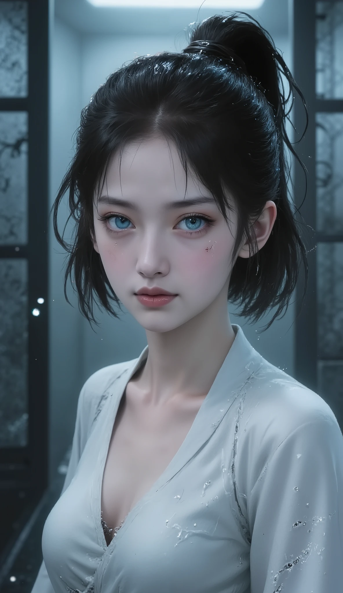 1 girl, ager , 18 years old, Youth, skinny, high, brunette, Messy ponytail, bright blue eyes , small breasted, Small waist, Small butt, Freckles, Picture with braces, looking at the youngest , cute face, hot body, the most beautiful girl, The prettiest girl ever, staring affectionately at the viewer,who had both naive eyes,with a hint of sexiness, in prison, Wear small shorts,showing most of the legs and almost a little lower hips, gazing deeply at the viewer with an innocent yet seductive expression, The cleavage that highlights small but attractive breasts, overall costume was taken on her leg., Wet,