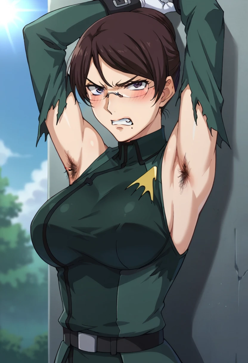 upper body, fubuki, 1girl, solo, (underboob), naked t-shirt, short sleeves, green eyes, looking at viewer, smile, arms behind head, simple background, heart