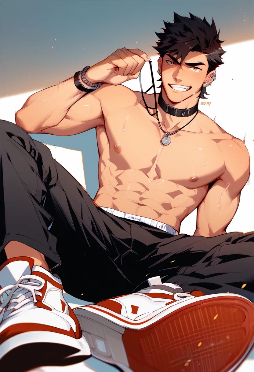 Yuijiro Hanma handsome, good body, Anime character, standing in the gym, decorated with devil tattoos, beautiful and clear muscles. His black hair is wild and unruly, his pants are black.