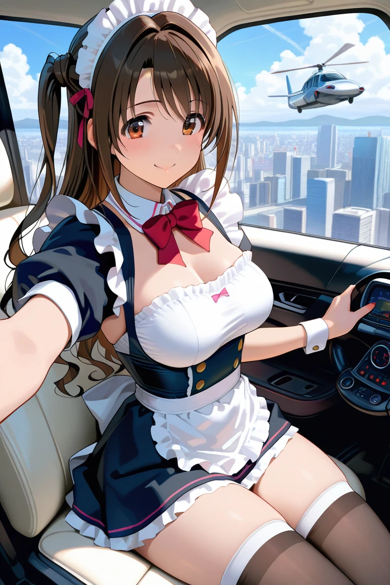 (high resolution), (absurdities), (Best Quality), (high quality), (Masterpiece), 1 girl, asuna, Blue eyes, wide, halo, hair over one eye, very wide, light brown hair, (big breasts), hair band, maid, maid headdress, apron, steering wheels, frilled apron, puffy sleeves, short sleeves, white gloves, white thighs, arms behind the back, looking at the viewer,