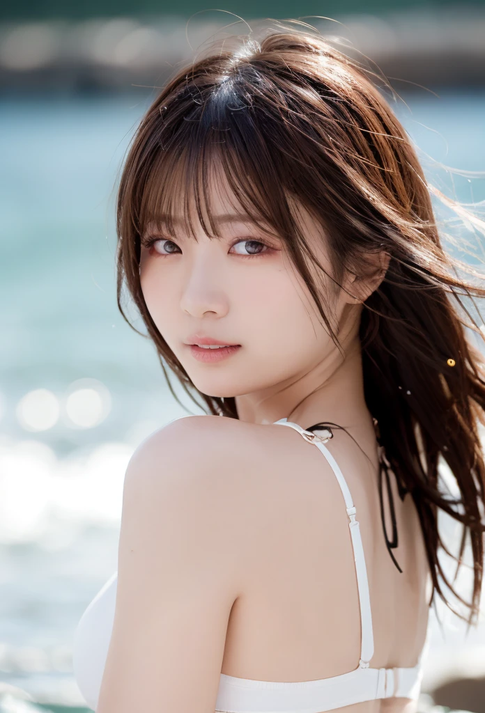 (masutepiece、8K、An ultra-high picture quality、ultra-quality、high detal、realisitic、realphoto、Photorealsitic、超A high resolution)Detailed cute girl、18year old、((You'He sticks his chest out into the sea on the coast and stares at me.)))、White tight-fitting tank top、Sheer underwear、half-pants、Facial Focus、red blush、Smooth taste、looking at the viewers、Silky hair、hair wavy、Chest that looks like the tank top is about to burst、Perfect and constricted body、dishevled hair、Random posture、、red blush、Ecstatic look、Perfect and cute face、detailed and bright eyes、Full body composition、NSFW