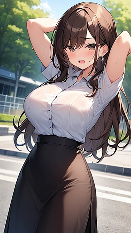 (Masterpiece, Top quality: 1.5), (1 girl, solo :1.2), (cute design short-sleeved shirt, midi skirt:1.4), (large breasts:1.4), standard weight, (brown hair:1.4), (airy hair, wavy hair:1.3), long hair ,asymmetry bangs, swept bangs, 12 year old, angry:1.4, (flustered:1.3), sexual climax:1.3, beautiful scene of outdoor, dynamic pose, magnificent panorama view, wet:1.1, open mouth