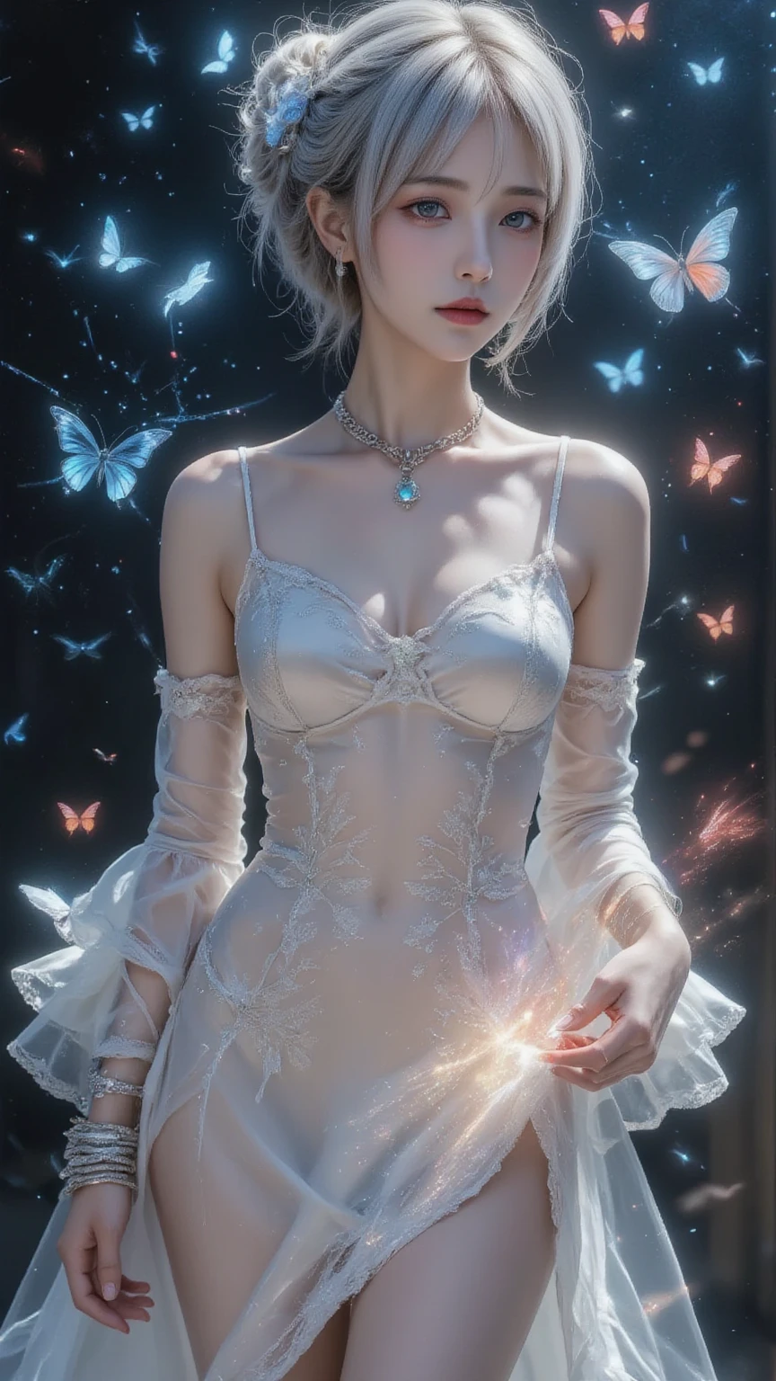 
Comic Strip，Manga style，Cartoon split，Starry Sky，Translucent Spiritual Alien，Medium shot scenes，Like the whole body， Highly detailed surreal VFX，OC Rendering，(inflammation/butterfly/I am naked，Dynamic Scene:1.3)，Ridiculous Resources, High resolution, (Official Art, Beautiful and beautiful:1.2), (Shortsighted:1.15), (1 girl with big , Blue Hair, Medium Hair, blue eyes, Shining eyes, White long skirt, Blue ruffles,:1.2) blue sky, Sparkling Galaxy, (Unisalt Flats:1.2), (Fractal Art:0.8), water effects, Ripple effects, (Flower effect: 0.65), Light effects