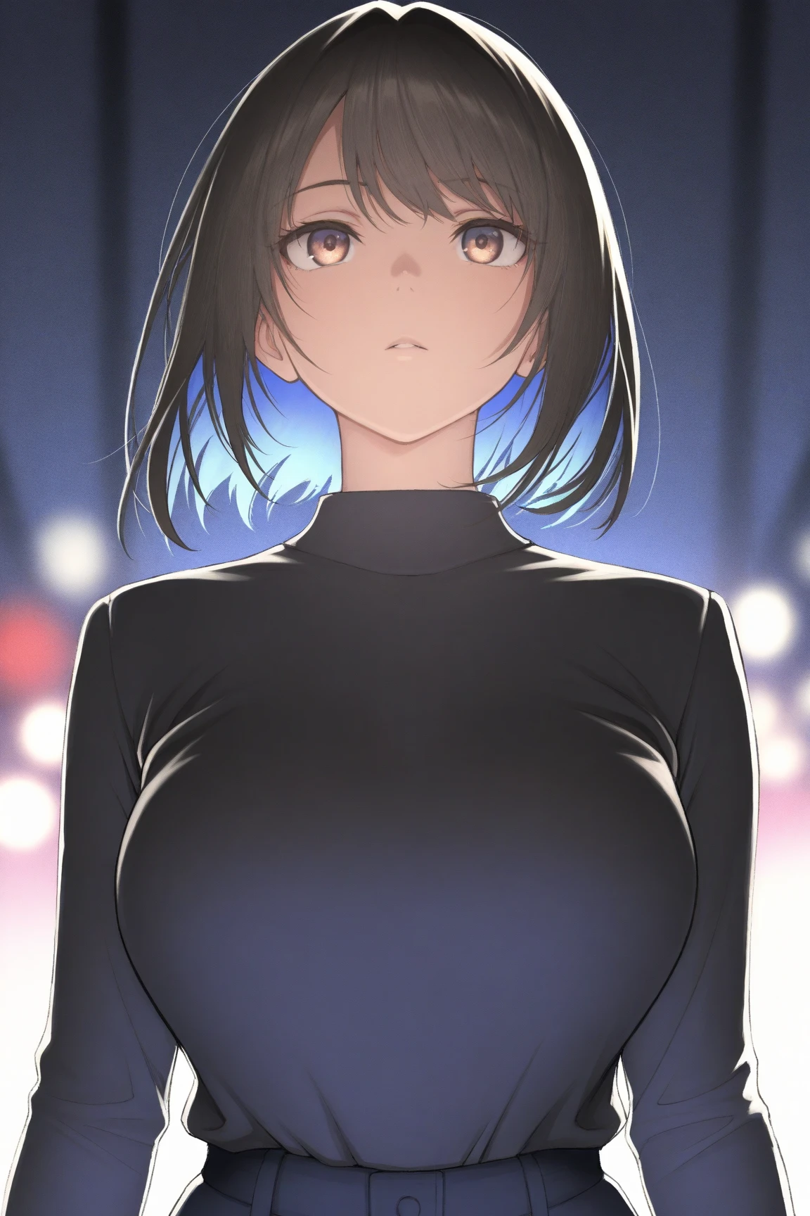 1girl, solo, short hair, black hair, black eyes, huge breasts, black dress, strapless dress, tube dress