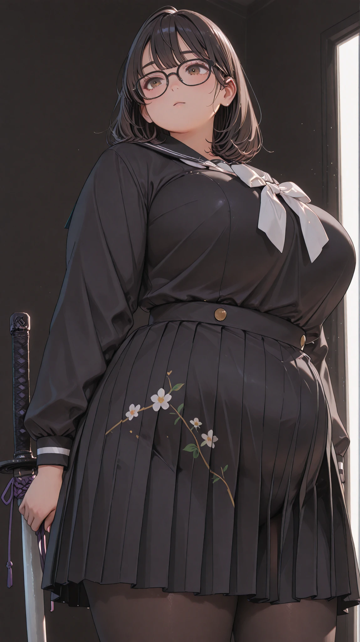 Shelley Gee, (masterpiece, Best Quality, high resolution: 1.2), , Alone, brown eyes、chubby body、Super Big Breasts、big waist、cylindrical body type、No facial expression、 jet black background 、dark haired、Fat body 、Bang、plump body、
Moving Poses、big breasts、leotard、
medium hair in the room、
pantyhose、bow tie、Floral Pleated Long Skirt、big Japanese sword、black sailor suit top、angle from below、glasses