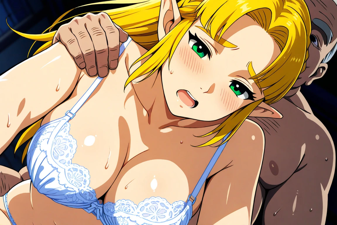 ((masterpiece, best quality, high resolution, anime colored, anime screencap, 8k, detailed, photorealistic)), tifania, The Familiar of Zero, blue eyes, blush, elf, long hair, pointy ears, blonde hair, sagging huge breasts, nude, nipples, Breasts Apart, (on back, sleepy):1.5, cowboy shot, spread legs, trembling, bed, (perfect detailed anatomy, beautiful face&eyes:1.5, perfect detailed body:1.5), thick outline, black outline