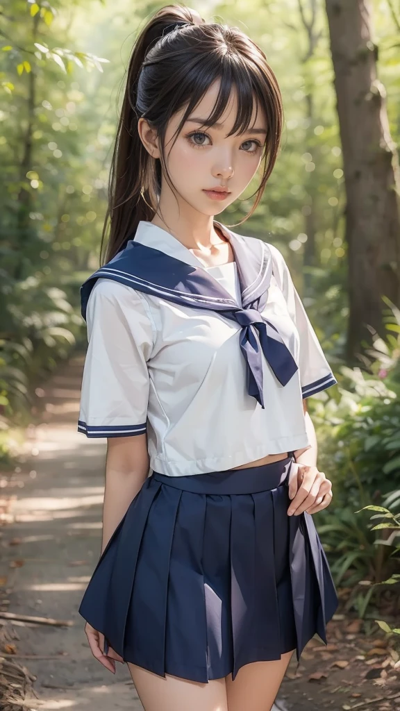 Sailor suit、She is taking off her navy blue skirt、Pulling down her skirt、White panties are visible、Short pigtails、Small breasts
