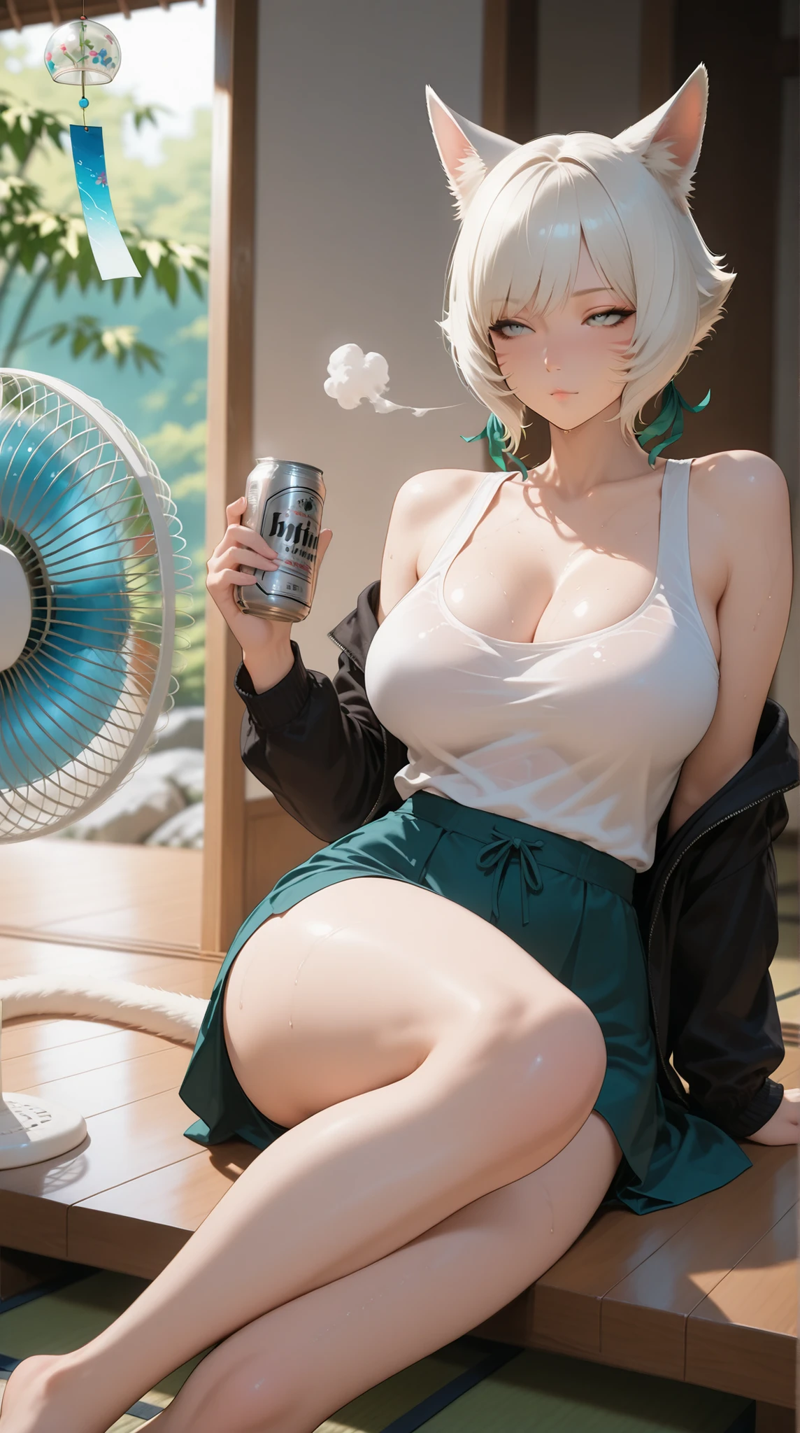 (only one woman:1.4), beautiful busty cat-eared woman relaxing alone in a traditional Japanese tatami room during hot summer afternoon, inspired by Y’shtola, shoulder-length white-blonde voluminous bob, cat ears visible above hair, no human ears, glowing feline blue eyes, flushed cheeks,
sweaty soft pale skin with subtle highlights, loose summer tank top slipping off one shoulder, no bra, large natural breasts with slight sheen, skirt pulled up revealing upper thighs, bare legs, laying sprawled out or slouched on tatami floor or zaisu chair, holding a cold beer can, relaxed expression, half-lidded eyes, tousled hair, cat tail resting limply,
surrounding summer items:
retro electric fan gently blowing hair and clothes,
glass wind chime (furin) on veranda,
bamboo shade screen (yoshizu),
ceramic pig-shaped mosquito coil (katori buta) with thin smoke trail,
open shoji doors revealing bright summer garden, green trees, cicadas, soft sunlight through leaves,
natural color balance, soft warm ambient light, subtle shadows, no overexposure, no lens flare, soft contrast, anime-style, ultra detailed, cinematic 8k, highly realistic rendering