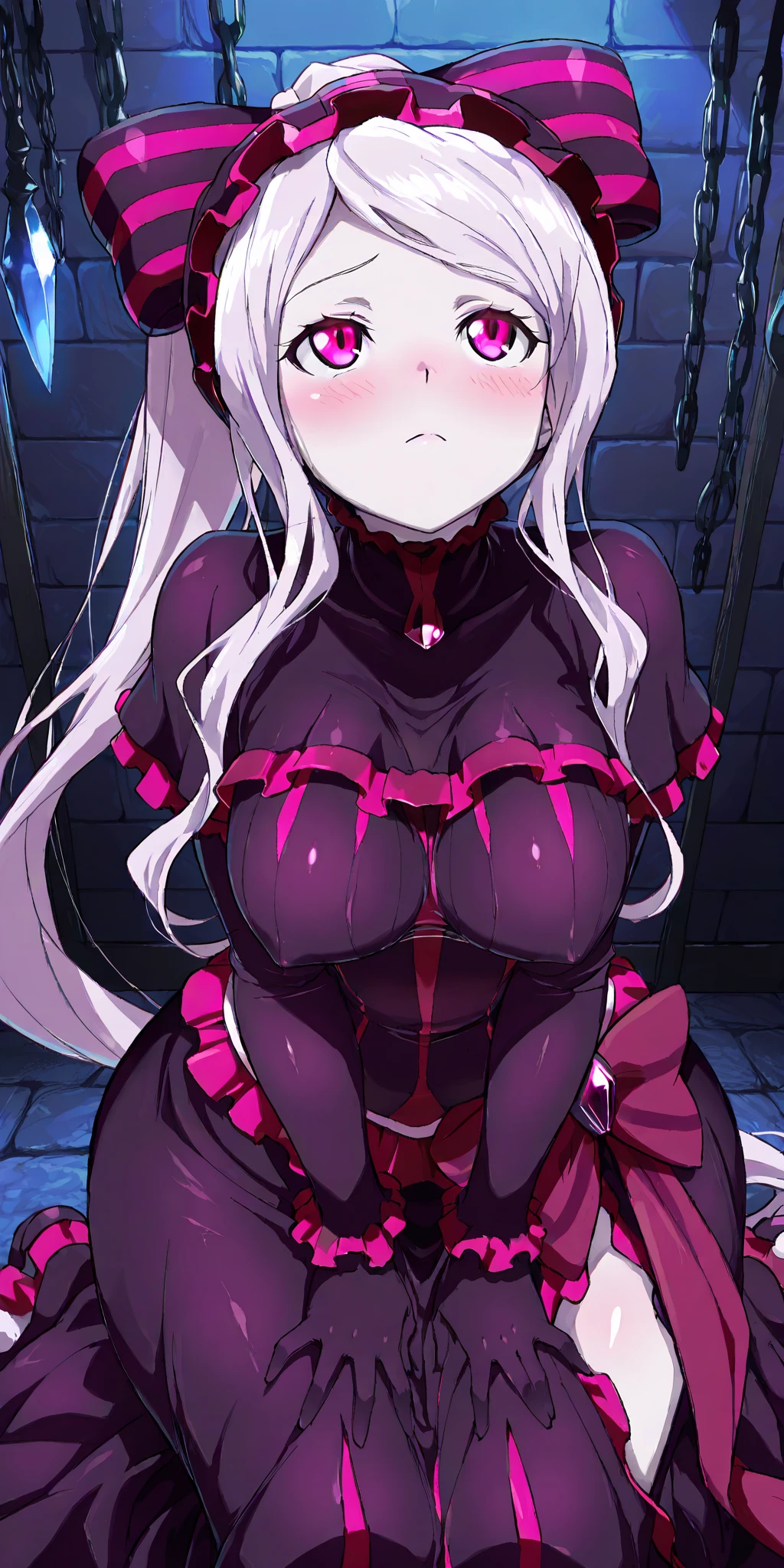 ((Emilia from re:zero)), very long straight white hair, (straight hair), (very white hair), thin and oval face, submissive, supension, ((((white tight corset with purple ribbons)))), ((((white pleated skirt)))), upskirt, cute and blushing 25 years old anime girl, look away because she is embarrassed and blushes, bright purple eyes, detailed face, detailed members, detailed arms, detailed hands, ((makeup)), (white) high heel shoes, long white gloves, long white sleaves, (white stockings), long eyelashes, her chest is so tied up with purple ropes that her breast sticks out, hands tied behind back with ropes, (shibari, arms behind the back:1.4), (hands on the back), (masterpiece, best quality) 1.5, 1girl, solo, (sexy, beautiful woman, perfect face, perfect eyes, perfect hands), one leg up, spread legs, huge red ballgag in her mouth, drooling saliva, NSFW, full body visible on picture