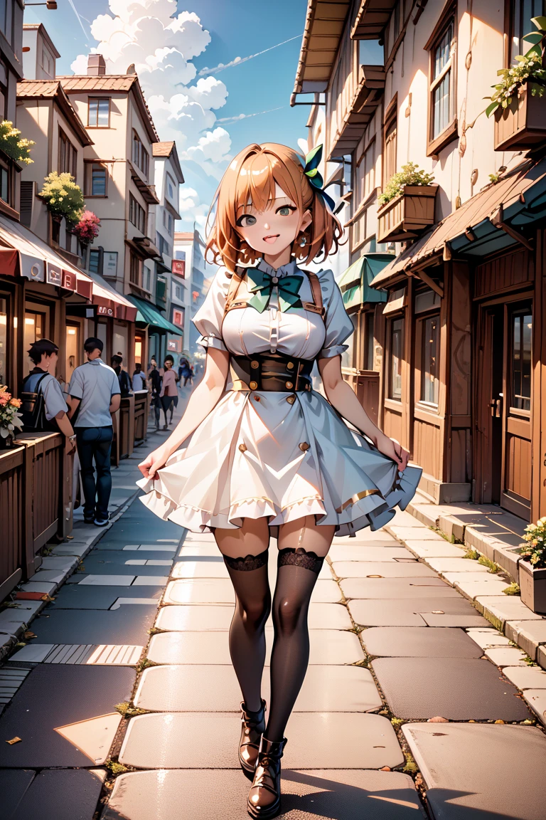 (masterpiece:1.2, top-quality), (realistic, photorealistic:1.4), beautiful illustration, (natural side lighting, movie lighting), ,
(looking at viewer), 1 girl, japanese, high school girl, perfect face, cute and symmetrical face, shiny skin, ,
(middle hair:1.5, twintails:1.2, orange hair), blunt bangs, gold eyes, drooping eyes, long eye lasher, (large breasts:0.6),
beautiful hair, beautiful face, beautiful detailed eyes, beautiful clavicle, beautiful body, beautiful chest, beautiful thighs, beautiful legs,
((french maid)),
(beautiful scenery), day time, flower garden, modern, (facing the front), (impatient expression, blushing cheeks, embarassed expression), (((skirt tug, wind lift))),