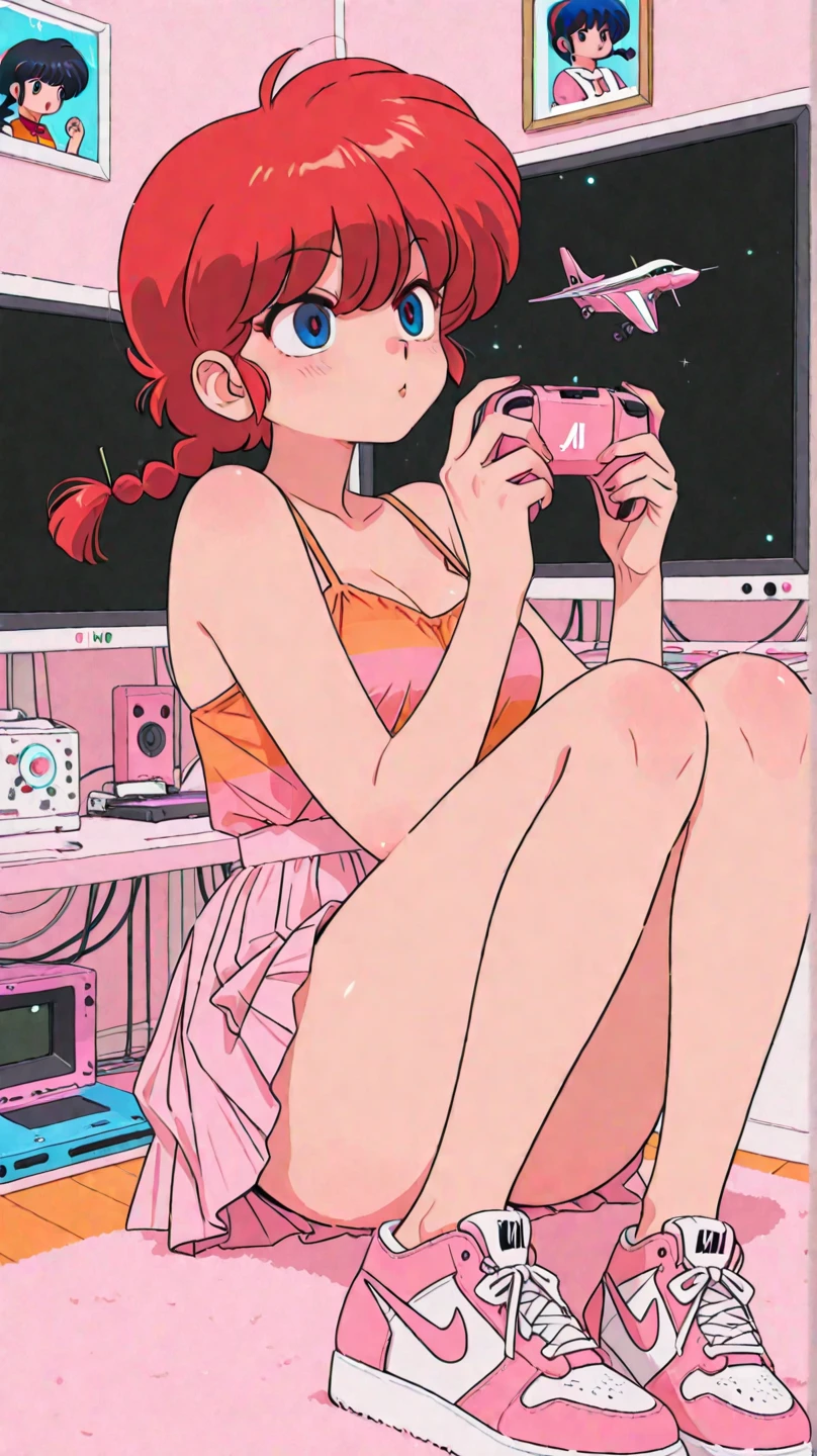 (masterpiece), best quality, expressive eyes, perfect face, Pink and Black One-piece swimsuit, Looking at viewer, Pull, Red Ponytail hair, Vibrant, A Tall Woman, Beach, Thigh Highs