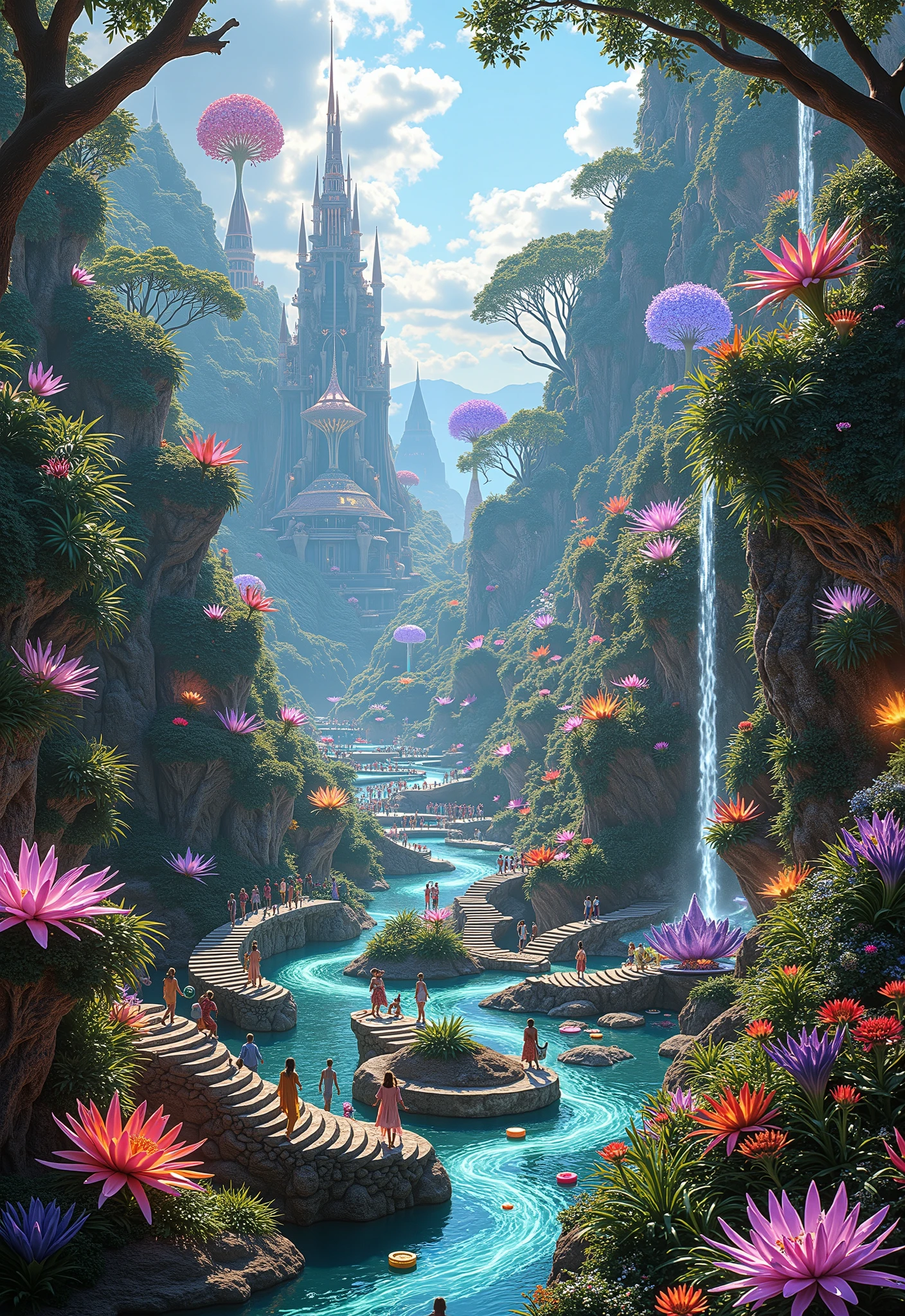 a vivid and surreal digital painting of a beautiful utopia: an expansive city with organic architecture blending seamlessly into nature, with flowing rivers, lush green terraces, and vibrant flowers in full bloom. Floating crystal structures catch the sunlight, casting shimmering rainbows across the sky. People in flowing garments stroll along winding pathways lined with bioluminescent plants and glowing orbs. The air is filled with soft, ethereal light and shimmering waterfalls cascade from towering cliffs. The atmosphere is tranquil and harmonious, evoking feelings of peace and wonder