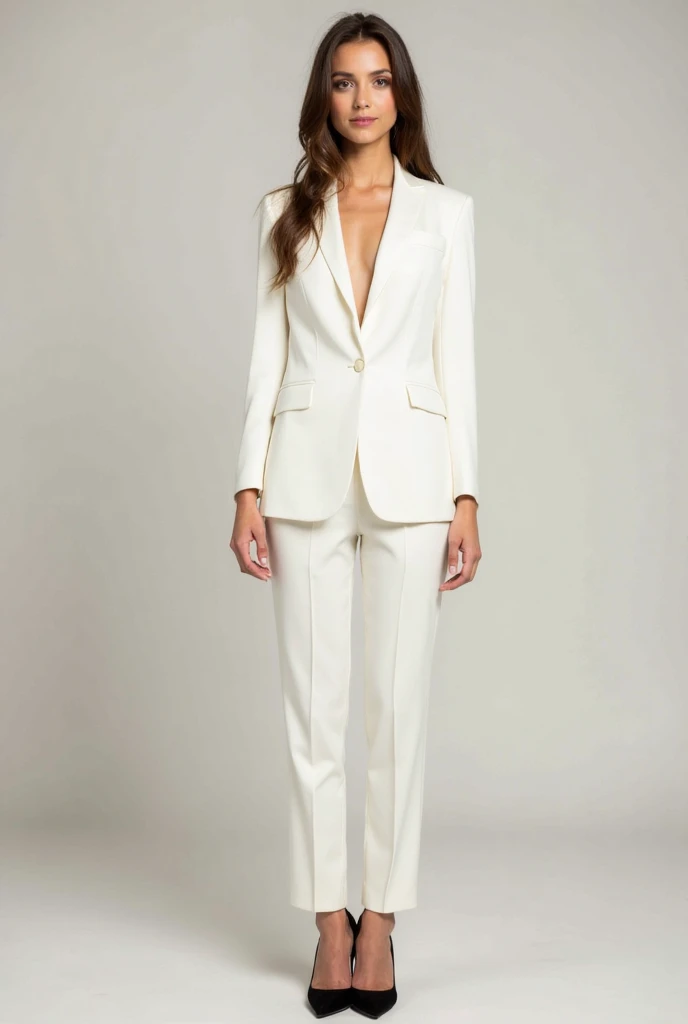 blonde young woman in a white suit posing for a photo, Girl in a suit, Girl in a suit, good hips, lange Beine, photo of slim girl model, jacket over bare torso, Beautiful fashion model body, Cute young lady of whole body, very nice slender legs, studio photoshoot