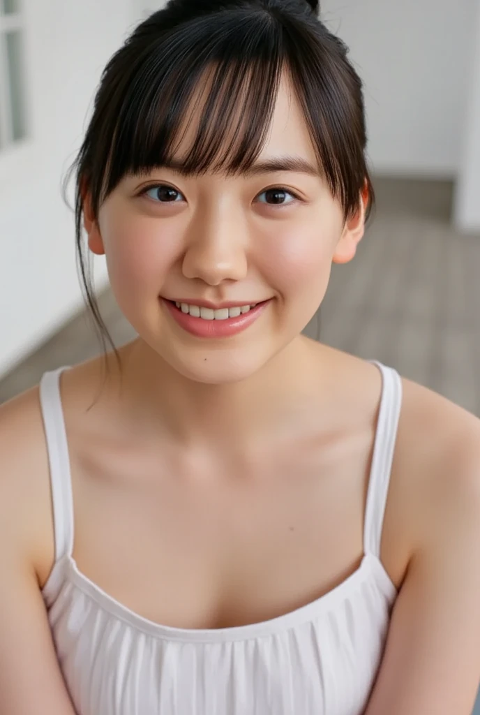 Big Laugh, upper body, (Surreal Realism), (Awareness-raising), (High resolution), (8k), (Very detailed), (The best Awareness-raisingns), (Beautiful fine details), (highest quality), (Super detailed), (masterpiece), (wallpaper), (Detailed face)、(Beautiful expression)、Side bangs、solo、((Baby Face))、(((topless)))、 (((small tits))), (((flat breast)))、((Dark blue pleated skirt))(Black knee-high socks:1.2)、Slender body、Seductive Pose:1.4、Looking into the camera、School classroom、((Place your hands on the desk))、((A look that captivates the audience:1.3))