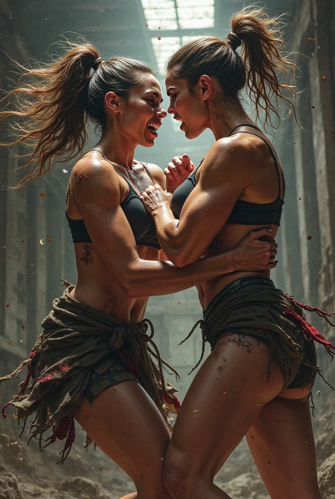 Two ladies fighting + tall + heavy + strong + muscled + domination + pin