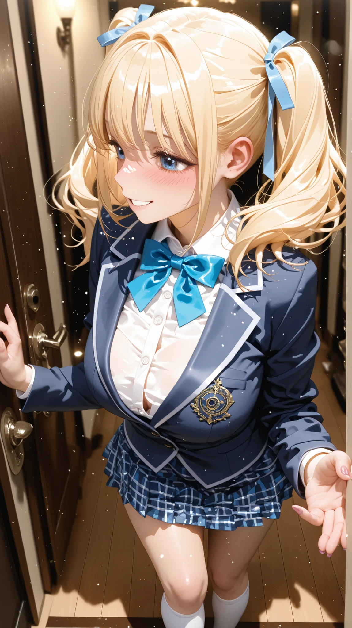 、Idol、Blonde、Blue Eyes、Long Twin Tails、Smile Yan、Blush、profile、blazer student、White knee socks、The skirt is blue 、blue ribbon、masterpiece、Best Quality、 open the door、Coming in、One door 、behind is a dark hotel hallway、Fingers are beautiful、nails are beautiful、Fingers of hands5Books、