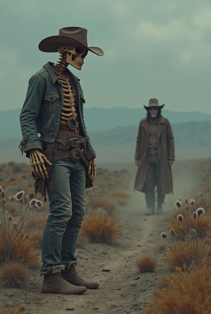 there is a skeleton sitting in the window of a building, western gunslinger, cinematic digital art, inspired by Steve Dillon, stunningly detailed, dressed senobith, two different characters, waiting patiently, hollywood promotional image, frank kozik, cowboys, tombs, arms crossed on chest, argos, cool marketing photo, sectoid, mesa, still from a 2015 pixar movie