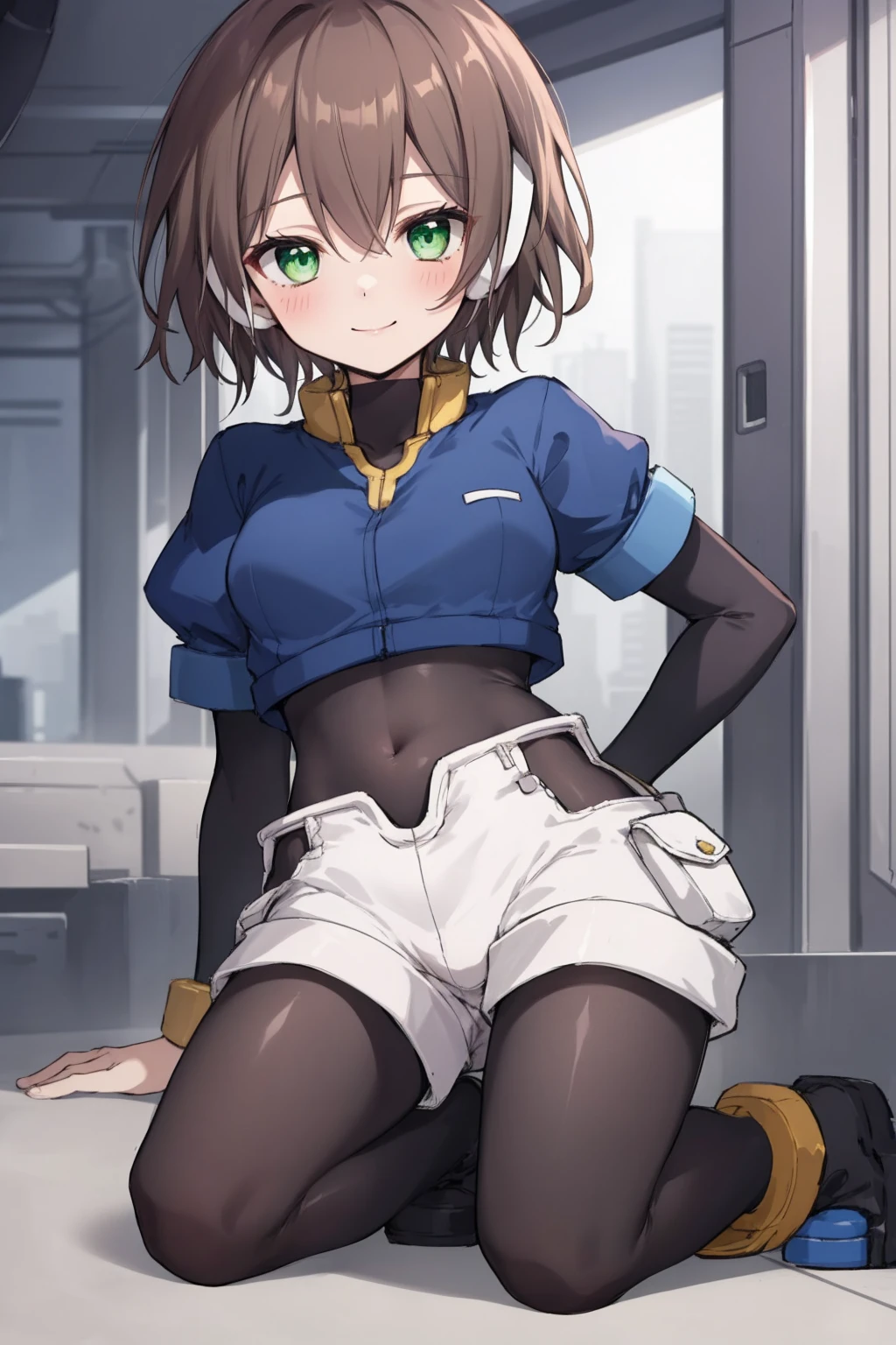 masterpiece,best quality,1girl,aile_megamanzx,short hair,brown hair,short sleeves,bodysuit,robot ears,green eyes,short over long sleeves,shorts,sitting,stretching,arms up,abs,<lora:Aile_MegaMan_ZX:0.8>,