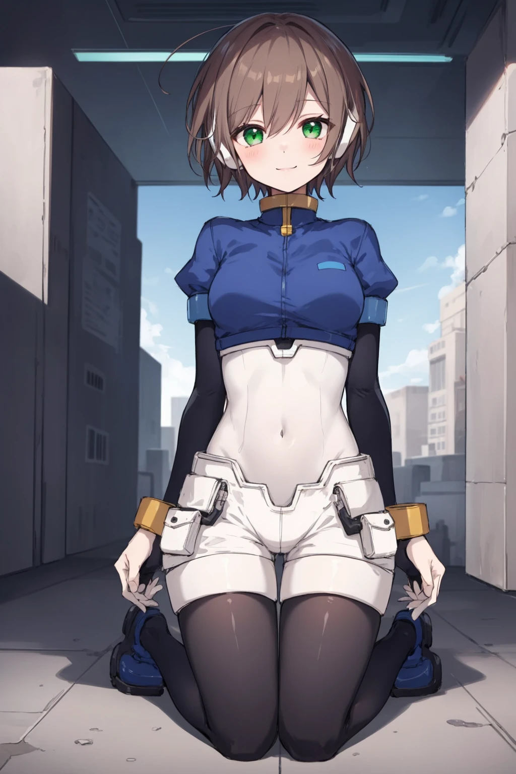 1girl, solo, techwear, open jacket, thick thighs, huge breasts, covered nipples, straps, buckles, multiple belts, science fiction, standing in a wasteland, purple eyes, heterochromia, short hair, undercut, sidecut, asymmetrical hair, white hair, colored tips, detailed background, light smile, <lora:add_detail:0.3>,