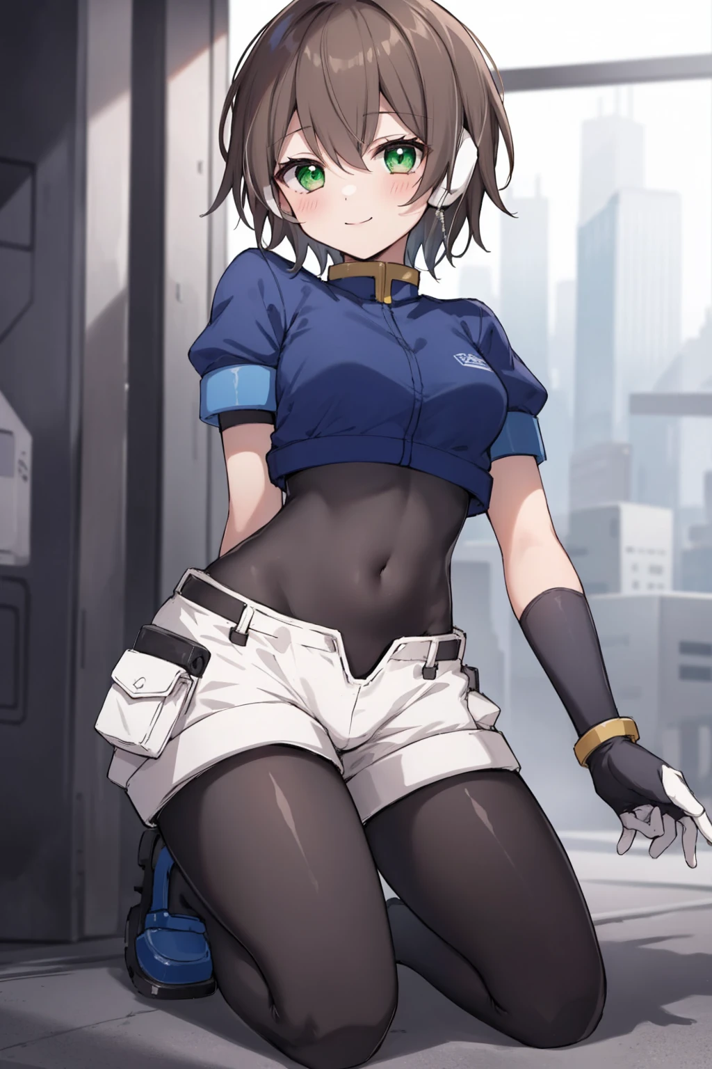 aile_megamanzx, kneeling with one hand on the ground and the other arm raised, 1girl, solo, short hair, brown hair, short sleeves, (bodysuit), robot ears, green eyes, short_shorts, short sleeves, short over long sleeves, smile, in futuristic city, , high quality, medium_breasts,crotch, slouch