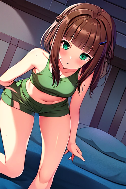 masterpiece, highest quality, become familiar with, wallpaper, 
1 girl, alone, 
smile,Are standing、matcha school swimsuit、The background is the basement
 