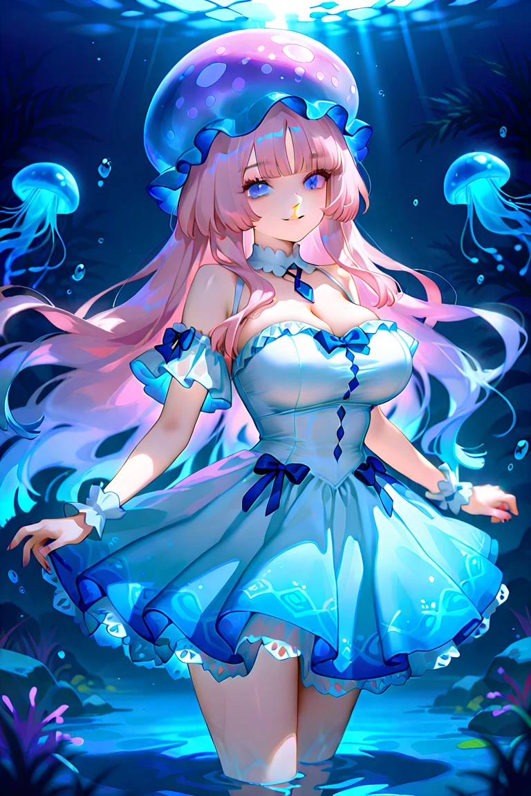 score_9, score_8_up,score_7_up,flat color,(best quality, masterpiece, ultra high-resolution, ultra-detailed: 1.2), 
Girl in a jellyfish costume,In the sea,shiny skin,pale skin,