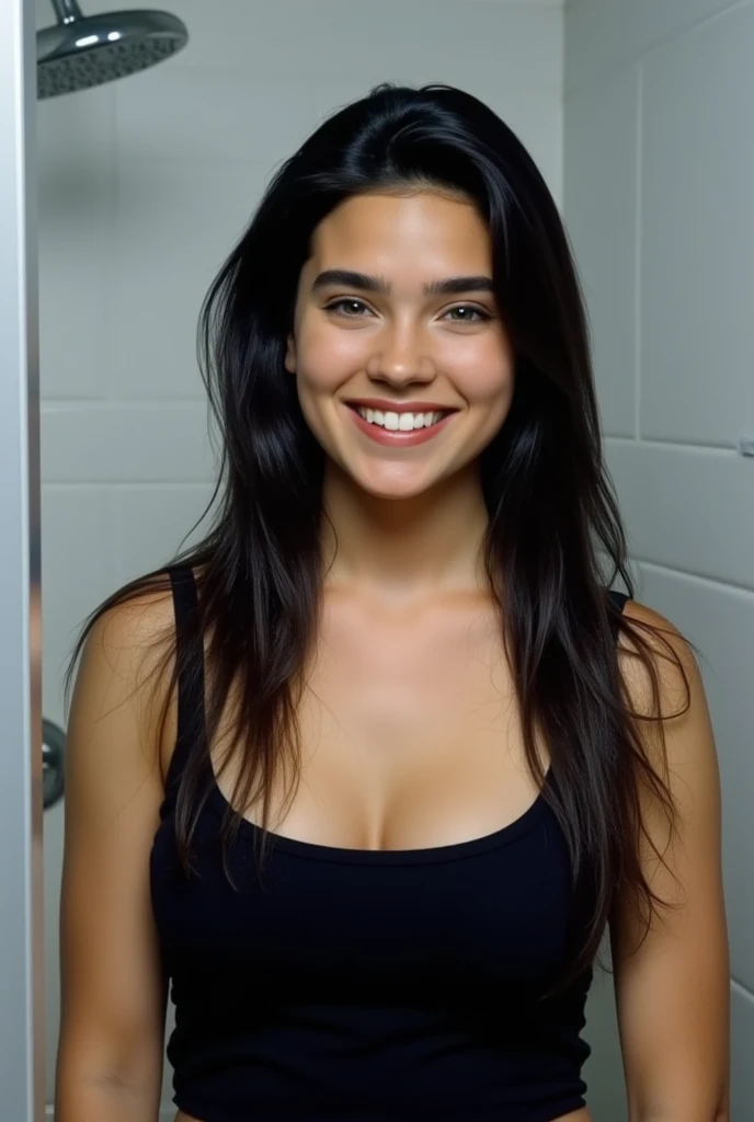 1 girl named Renata Samaa, 19 Jahre alt mit langen schwarzen Haaren, wearing an attractive bikini, Instagram-Modell, 26mm, esthetic, Realismus, Instagram-Modell picture, Luxusbadezimmer, Halbfigur, closeup portrait, smiling