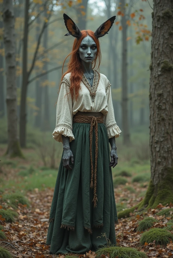 (medium full shot) of (natural cavewoman) young woman, busty body, albino skin, extra long red hair, wearing a woven grass one-shoulder wrap, frayed skirt, hide moccasins, clay face paint, bone hairpin, set in the prehistory, in a dark forest, with towering pines, whispering winds, rustling leaves, a sense of hidden danger, under the moonlight, woman smiling, ,Masterpiece,best quality, raw photo, realistic, very aesthetic