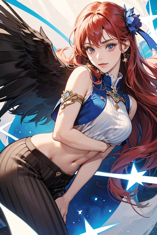 she has a slim body and light cream-colored skin. sHe wears a dark blue suit with a red belt and red boots. sHe has wavy blue hair, green eyes, pink cheeks, and a light orange beak. SPARKLE; GLITTER