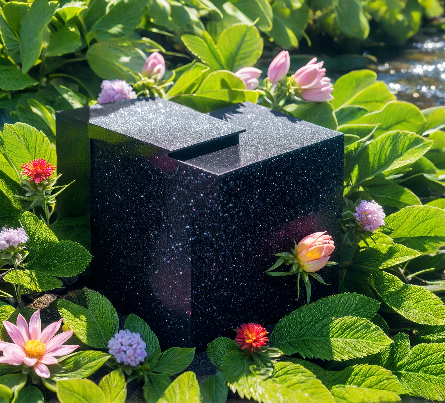 forest, (((house))), sunny, flower, fruits, river, glitter black cube stone