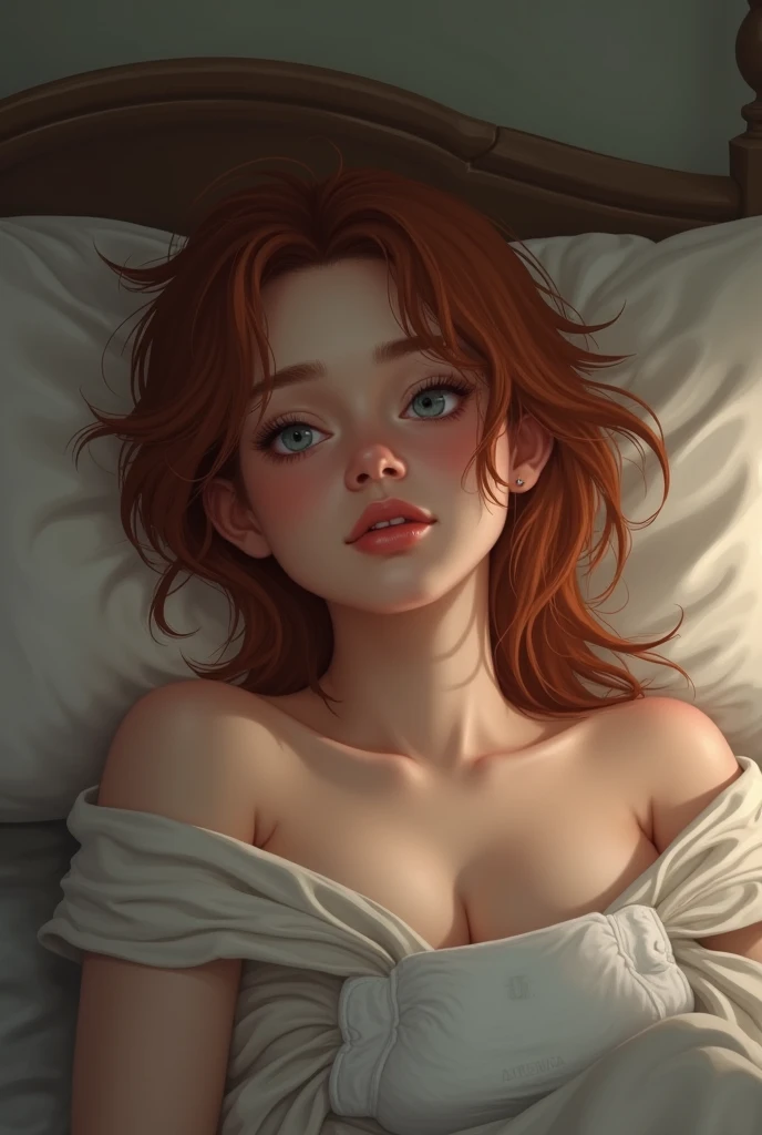 female, 18 years old, realistic, wearing onesie unzipped and open wide, bare chest, bare genitals, beautiful, detail face, lying supine position, flat, asleep, eyes closed, mouth open wide, concerned expression, cute soft body, auburn hair, full shot, an ultra-high picture quality, high-detail, volumetric lighting

