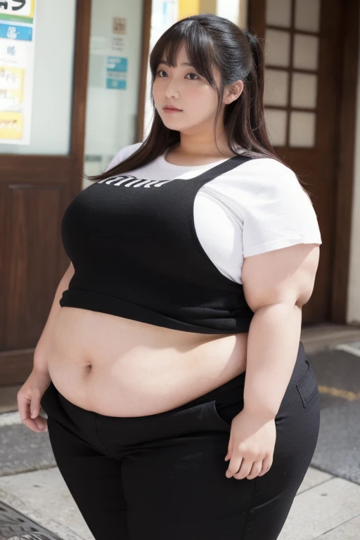 Chubby woman in black cap, pink shirt and shorts, holding a green can