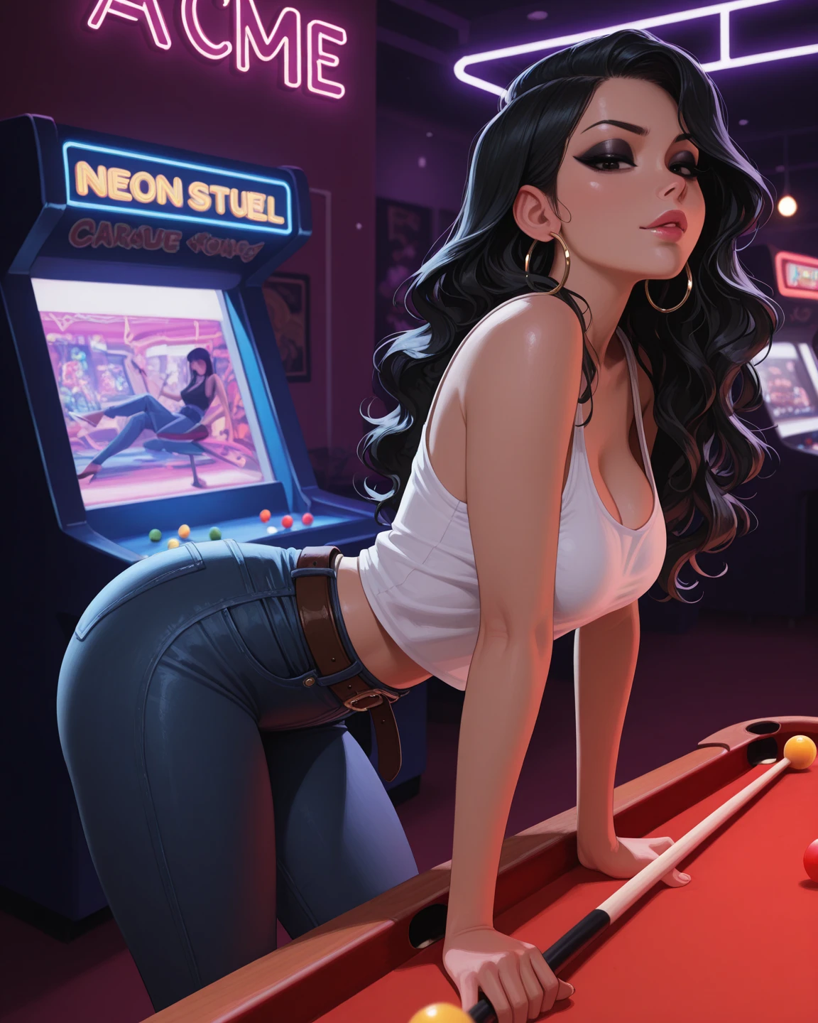 Avant-garde Japanese comic, black and white predominates, a seductive elf. Her physique is athletic, toned, slim and flexible, with rounded and firm curves. She's wearing very short, tight latex shorts that show off her toned legs and don't hide her toned butt. Her unbuttoned shirt is translucent, exposing her cleavage and navel. She doesn't wear underwear. The transparent shirt hugs her erect nipples. And his shorts dug into his crotch. He is playing pool in a heavy pub full of bikers and holding a wooden pool cue in his hands. She is fun and cheerful, telling the story animatedly with a big smile on her face. Her Pose She leans over the pool table, leaning on it. The pub is filled with the warm greenish light of the lamp on the billiards, the tables and the wooden benches. Other heavy patrons in the background are dressed in black leather, enjoying drinks and chatting. Her brunette hair is pulled back into a loose braid that cascades over her shoulder, and her eyes sparkle with mischief and joy. focus on glutes, looking back,