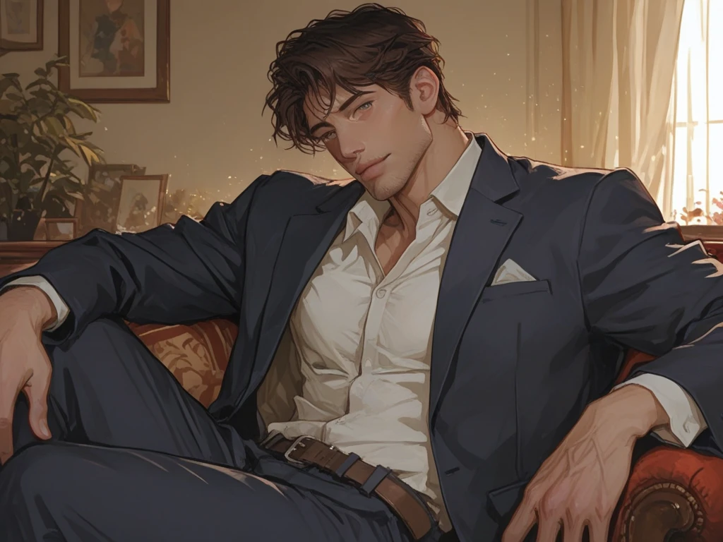 upshot crotch: 2, high quality:1.2,ultra high res, crotch forcus:1.3, dark_theme, low_light, extremely detailed character, 1Anime guy, 38_year_old, manly, handsome, chubbey, Muscular, firm chin, Stubble:1.7,sideburns:1.7,extreme short hair, shaved hair:1.4, (white rough open Shirt), BREAK ((gray slacks pants)),crotch bulge, Dark luxury hotel room with lights off, a bed by the window with a night view, sitting with legs stretched out