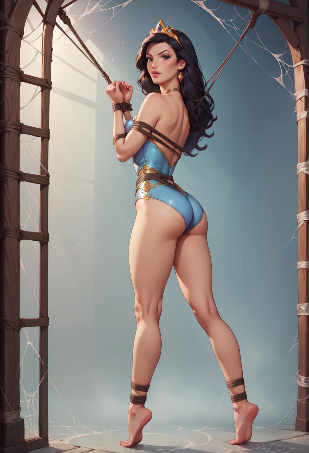 (best quality,High-res,Masterpiece:1.2),Lisa ann,pronstar,shiny nylon stockings and garters, nylon bra, oversized, adorned, braided ponytail, full-body shot, (:1.4), swinging, thick thighs, gentle smile, staring at the audience in a high-leg swimsuit, one-piece swimsuit, (leg harness, arm harness, collar, necklace, plenty of jewelry:1.5)
