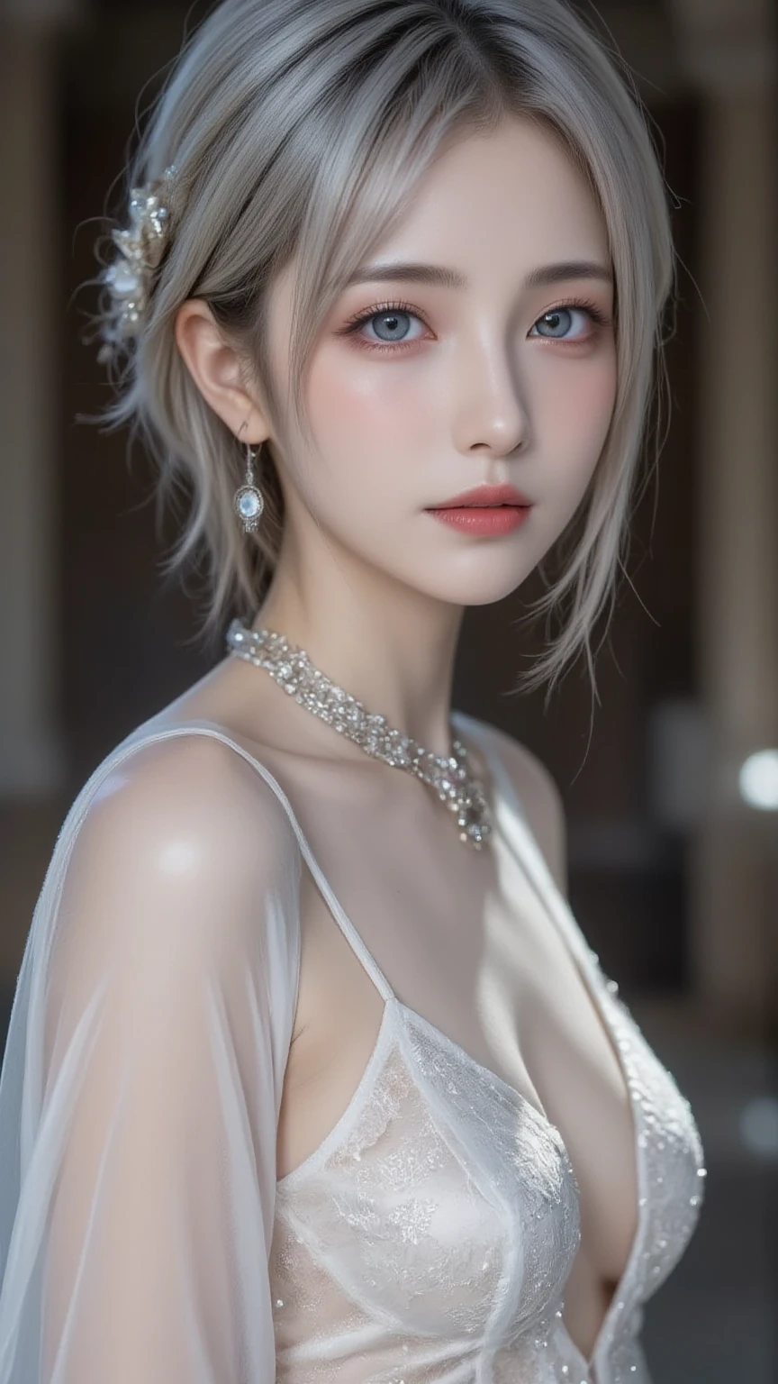 silver lace thong&Good, (((Very elegant and beautiful, Perfect detail, Super detailed))), whole body, The most detailed girl, Depth of written boundary, 美しく詳細なwhole body, Thin legs, 1 girl, 30 years old, Very short hair, Spiked Hair, Gray and silver hair, Beautiful detailed hair, Perfect Face, Expressionless, Beautifully detailed deep eyes, Open your mouth a little, Delicate arms and hands, Pale skin, Earrings, Beautiful and gorgeous necklace, Colorful background, HD background, Blurred Background, Very delicate and beautiful, Masterpiece, (((Highest quality, Very beautiful 8K CG wallpaper))), (((Trendy hairstyles))), (Inside the room,Stylish interior,window),