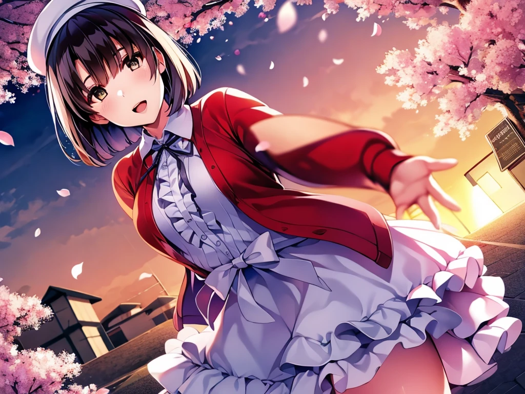 (masterpiece, highest quality, colorful, Dynamic Angle, Most detailed:1.2)  Cowboy Shot,  
Katou Megumi, 
White Dress, Red jacket, Neck ribbon, beret, White knee socks, Frills, bow,  Mary Jane. 
Floating Hair,  ((cherry blossoms, Falling petals)), 
 Bokeh, 
Sunlight passing through the hair, colorful art background, (Official Art, Very detailed, Most detailed),
