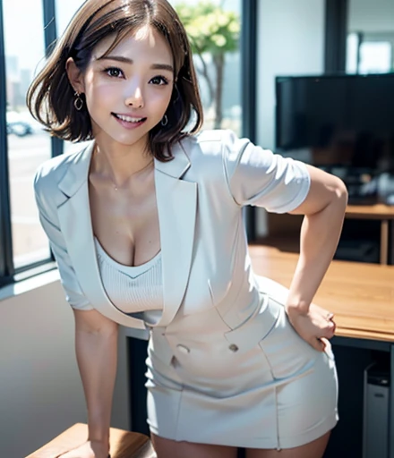 (RAW Photos:1.2), (Realistic:1.4),Beautiful detailed woman,非常にBeautiful Eyesと顔, Beautiful Eyes, Very detailedな,High resolution, Very detailed,Highest quality,Awareness-raising,Unified,8k wallpaper,masterpiece,Highest quality,1 female,alone,rich,Esbian all over,Anatomically correct、((Standard body type:1.2)),Meaty legs,alone,(Female office worker in uniform:1.5)、(White blouse:1.5)、 (Dark Blue Vest:1.5), (Ultra-realistic pantyhose:1.2), (Knee-length skirt)、jewelry、 necklace、((very short brown hair:1.5)),A dignified atmosphere,black eye,Realistic, (Large lobby in a modern office building:1.4)、(Are standing:1.2)、The appearance of the business elite、(smile;1.3)、(D cup breasts)、((Under the subdued light))、