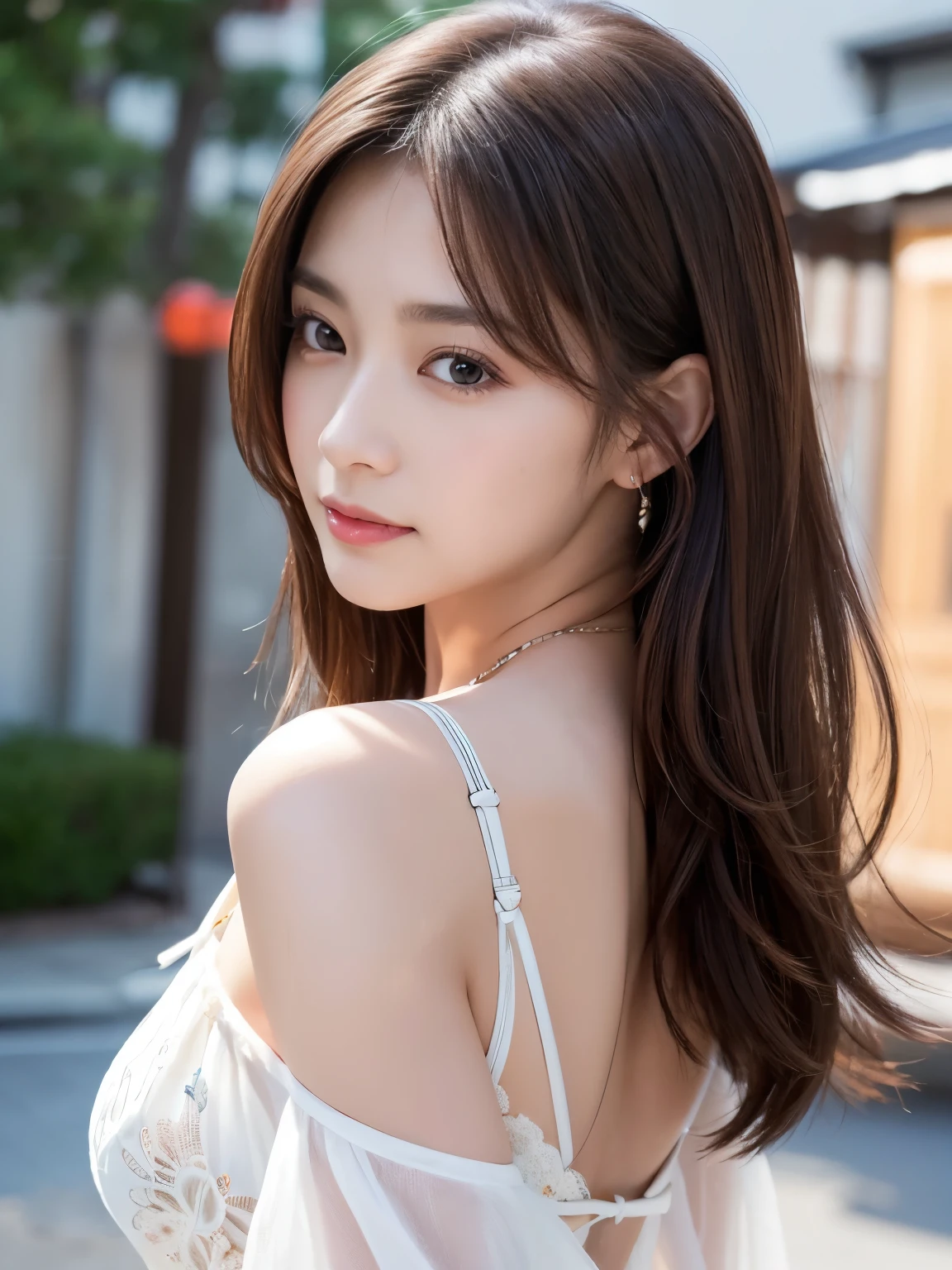 ((highest quality)), ((masterpiece)), (detailed), Perfect face masutepiece, Best Quality, Illustration, Ultra-detailed, finely detail, hight resolution, 8K Wallpaper, Perfect dynamic composition, Beautiful detailed eyes, Women's Fashion Summer,Medium Hair,Small breasts natural color lip, Bold sexy poses,Smile,Harajuku、20 years girl、Cute、Sexy shot looking at camera、whole body、dress