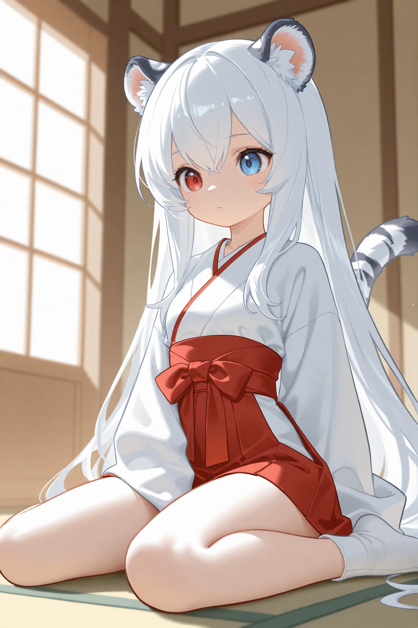 (masterpiece)、(highest quality)、((Super detailed))、(super delicate)、Erotic cute shrine maiden、silver hair、Kemonomimi、beautiful breasts、beautiful thighs、Gorgeous、fantastic light、look up from below